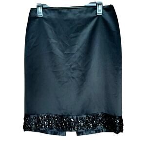 White House Black Market Women's Black Cocktail Rhinestone Satin Pencil Skirt 6